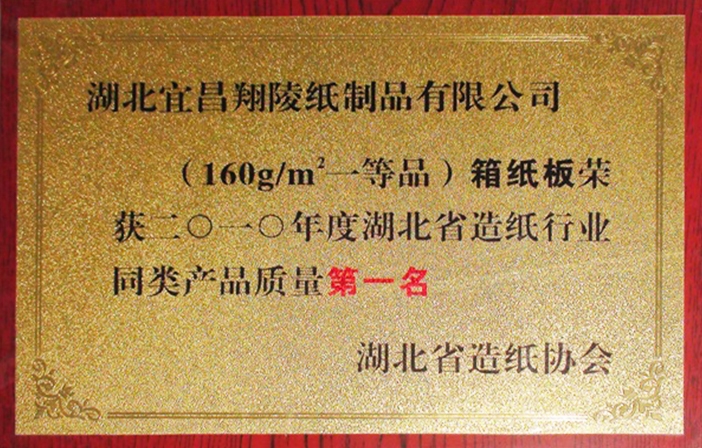 箱纸板2010年度湖北造纸业同类质量第1名